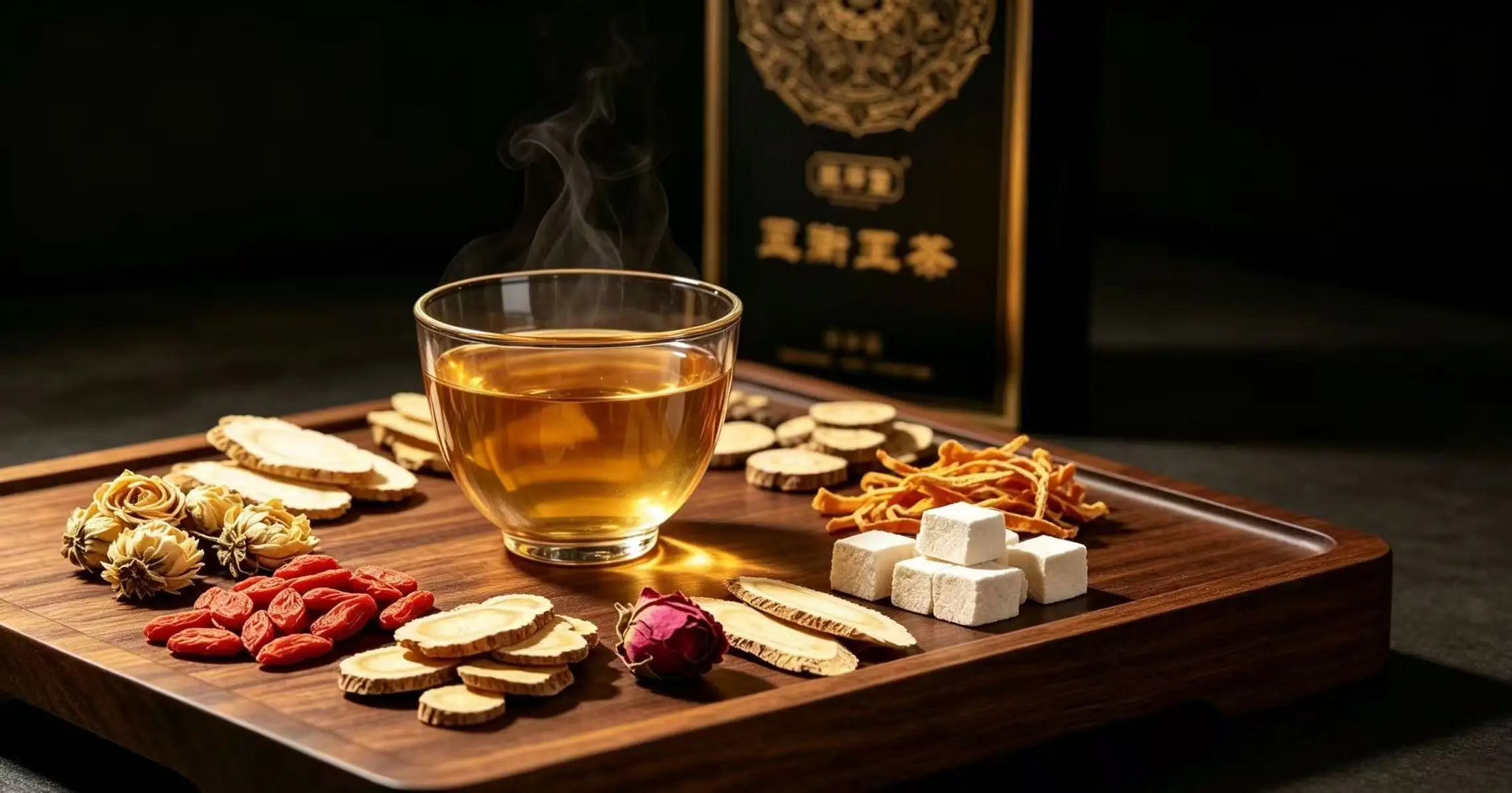 夜色里的一杯玉衡王茶,木盘上摆着13味草本